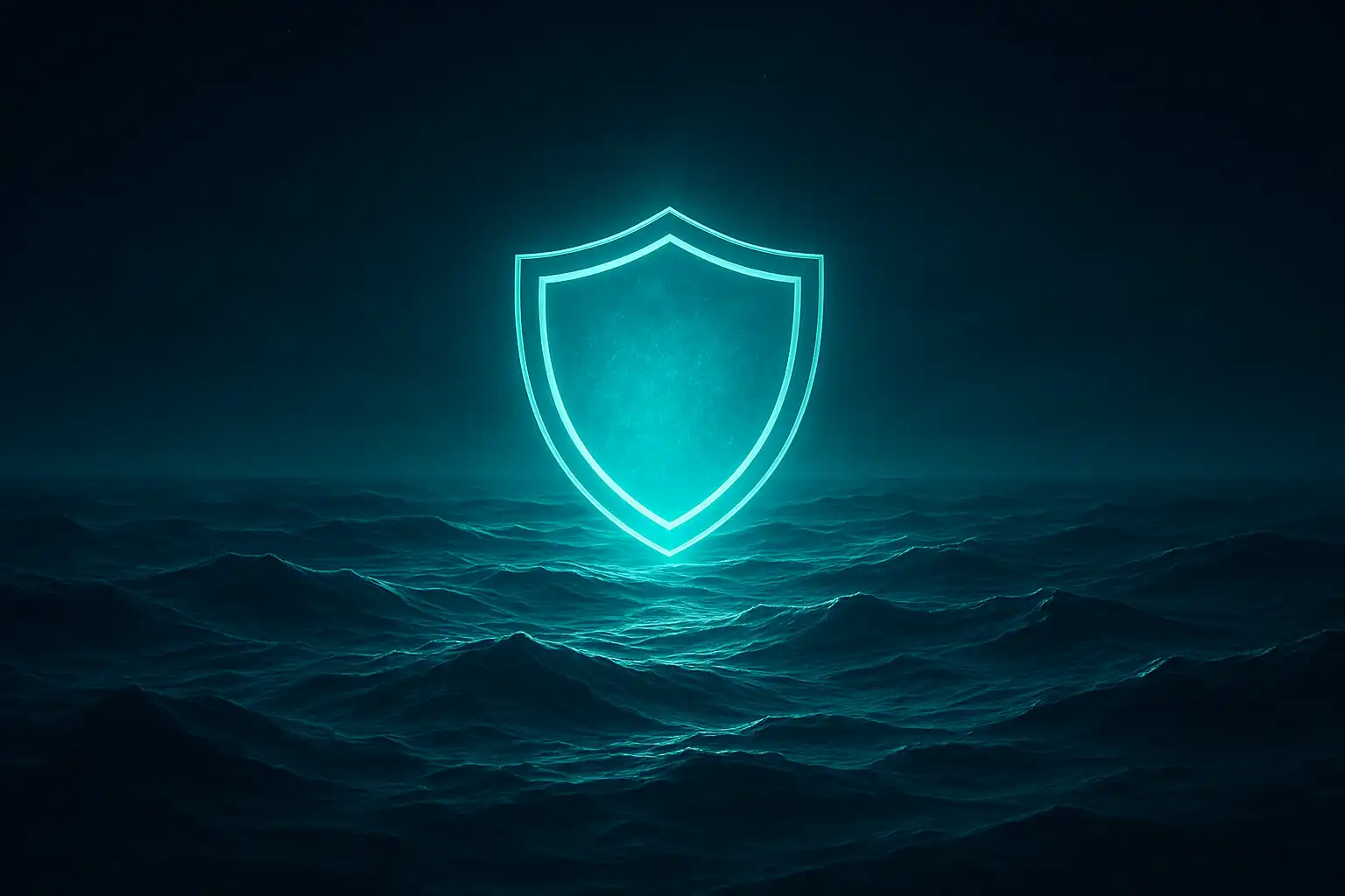 Glowing shield emblem over deep blue ocean waves representing trust and stability