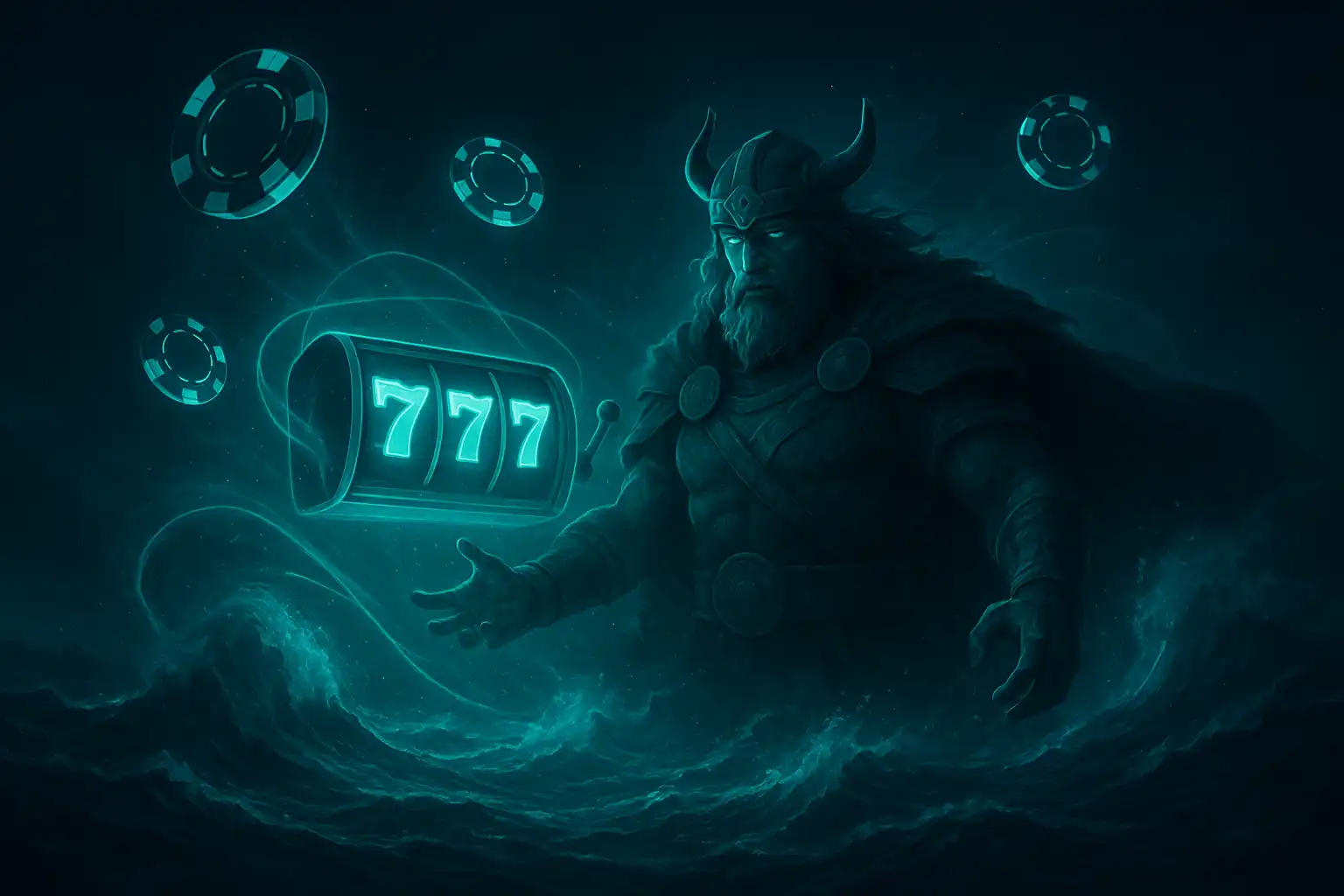 Reel di slot luminosi e fiches da poker che fluttuano sopra onde oceaniche turchesi scure di notte